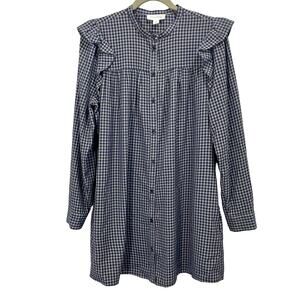 Treasure & Bond Blue Gray Plaid Button Up Long Sleeve Babydoll Dress Ruffle